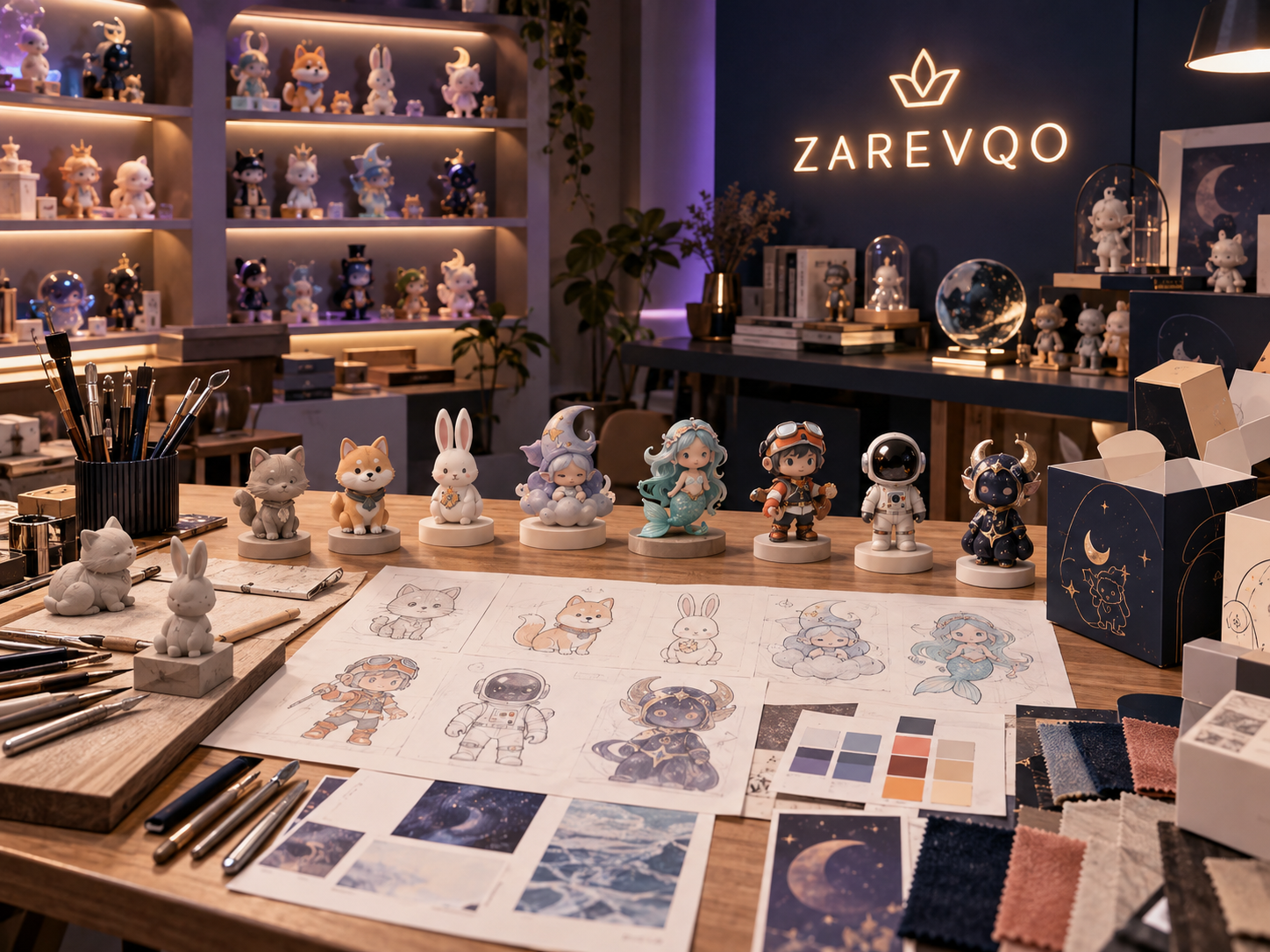 Zarevqo collectible character studio with sketches, clay maquettes, colour studies and finished figure prototypes